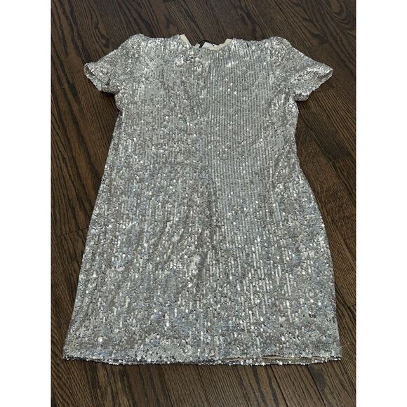 Generation Love Donna Sequin Mini Dress Puff Sleeves Lined Silver Size L NEW - Picture 2 of 10